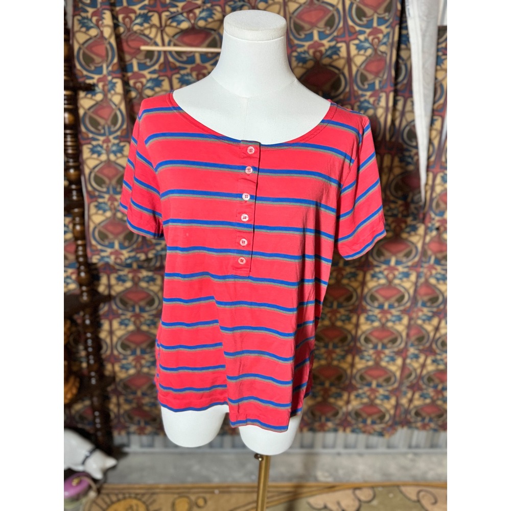 Vintage The Sport Striped Red Blue Green Henley Short Sleeve T-Shirt Top